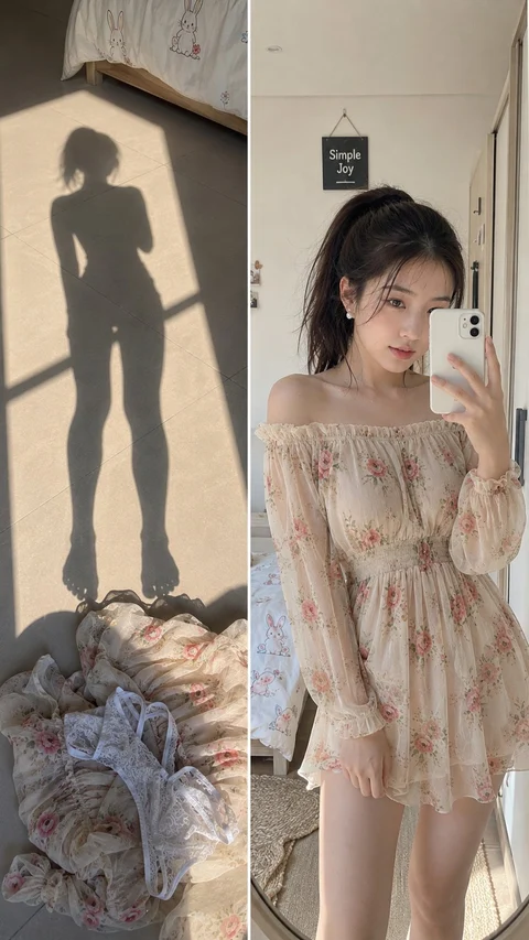A person takes a mirror portrait in a pale floral dress beside a strongly defined silhouette on the wall.
