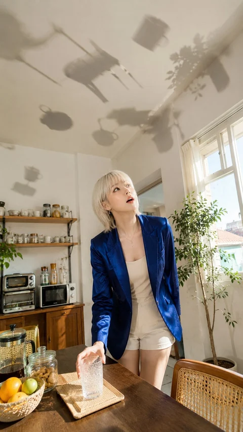 A blonde woman in a blue jacket looks upward as household objects appear suspended near the kitchen ceiling.