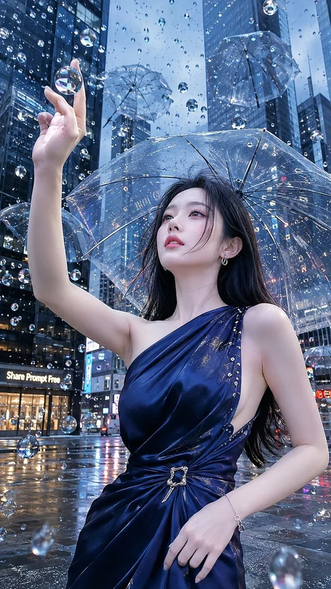 A person in a dark blue one-shoulder dress stands under a transparent umbrella on a rainy city street.