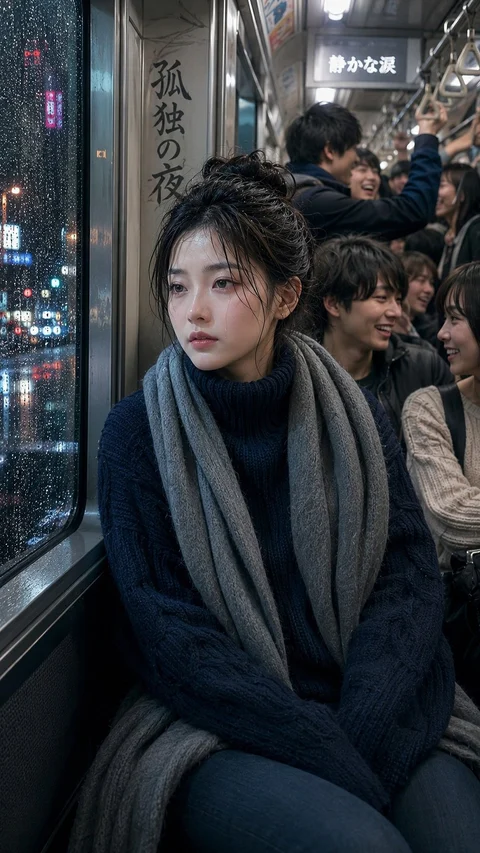 A woman wrapped in a dark scarf sits beside a train window with crowded passengers behind her.