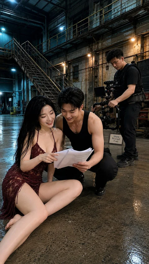 Two seated people look at a sheet of paper while another person stands behind them in an industrial room.