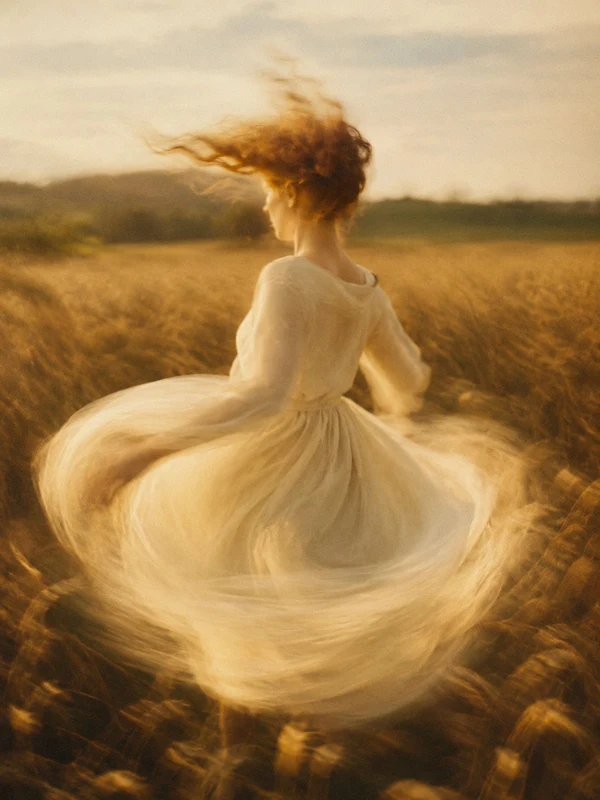 Woman in an ivory dress spinning in a golden wheat field