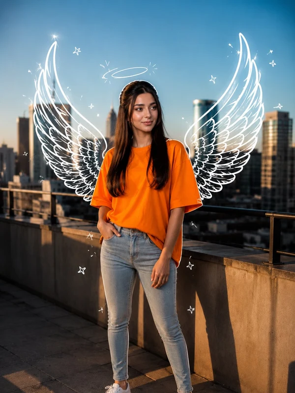 Woman in an orange top on a rooftop with illustrated white wings
