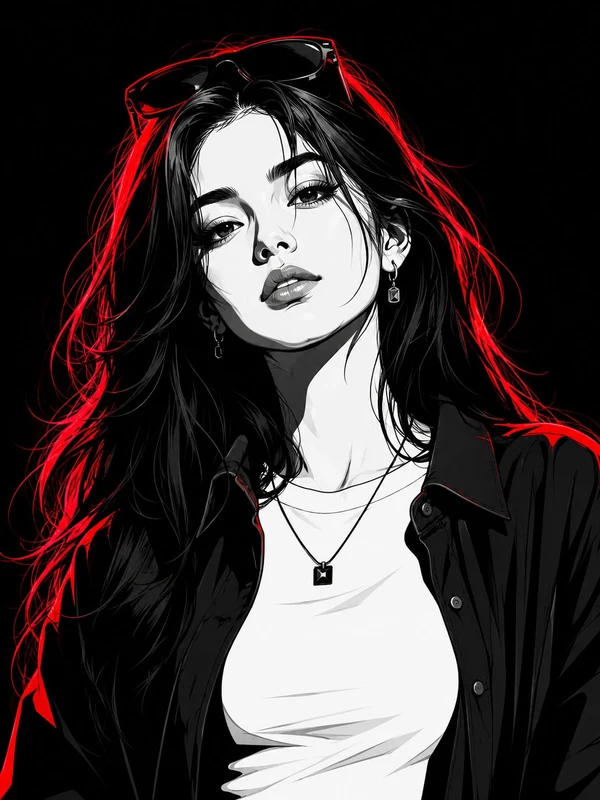 Graphic illustration of an adult woman outlined in red light