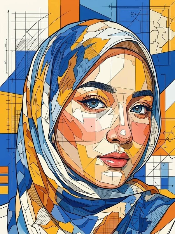 Geometric mosaic portrait of an adult woman in a headscarf