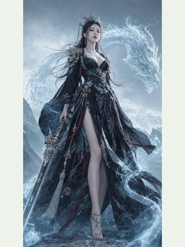 Adult fantasy queen in black armor with icy dragon effects