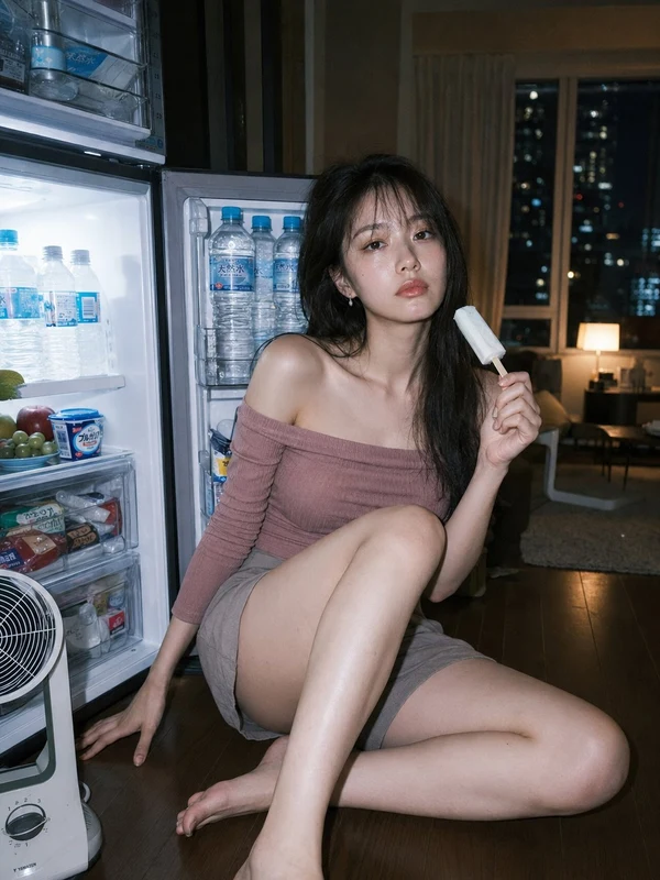 Woman in a rose knit top beside an open refrigerator