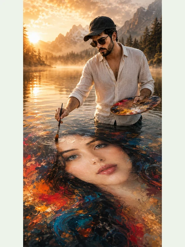 Surreal scene of an adult painter creating a portrait across a lake
