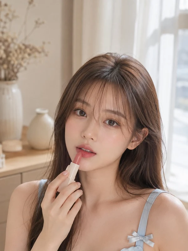 Woman in a pale blue top applying lipstick