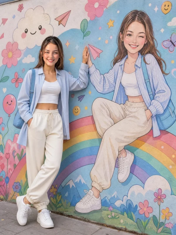Woman in a blue striped shirt beside her illustrated mural