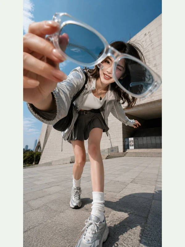 Woman in a silver jacket holding sunglasses toward the camera