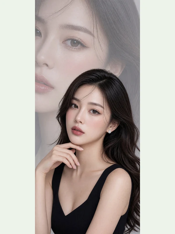 Double-exposure beauty portrait of a woman in a black dress