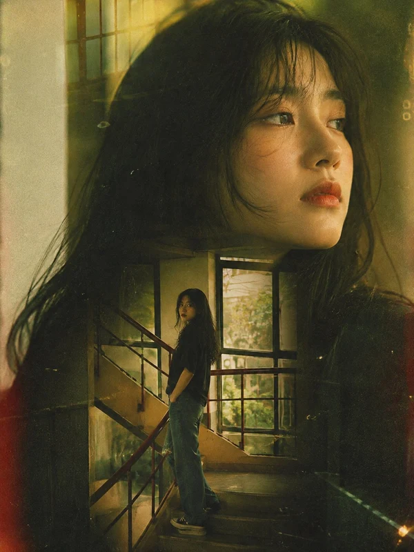 Cinematic green and gold double-exposure portrait