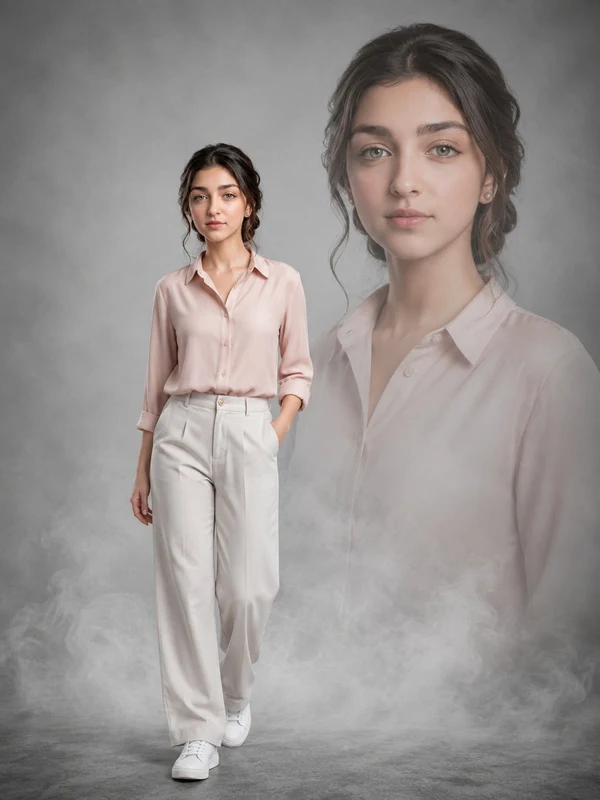 Studio double-exposure portrait of a woman in a pink shirt and cream trousers